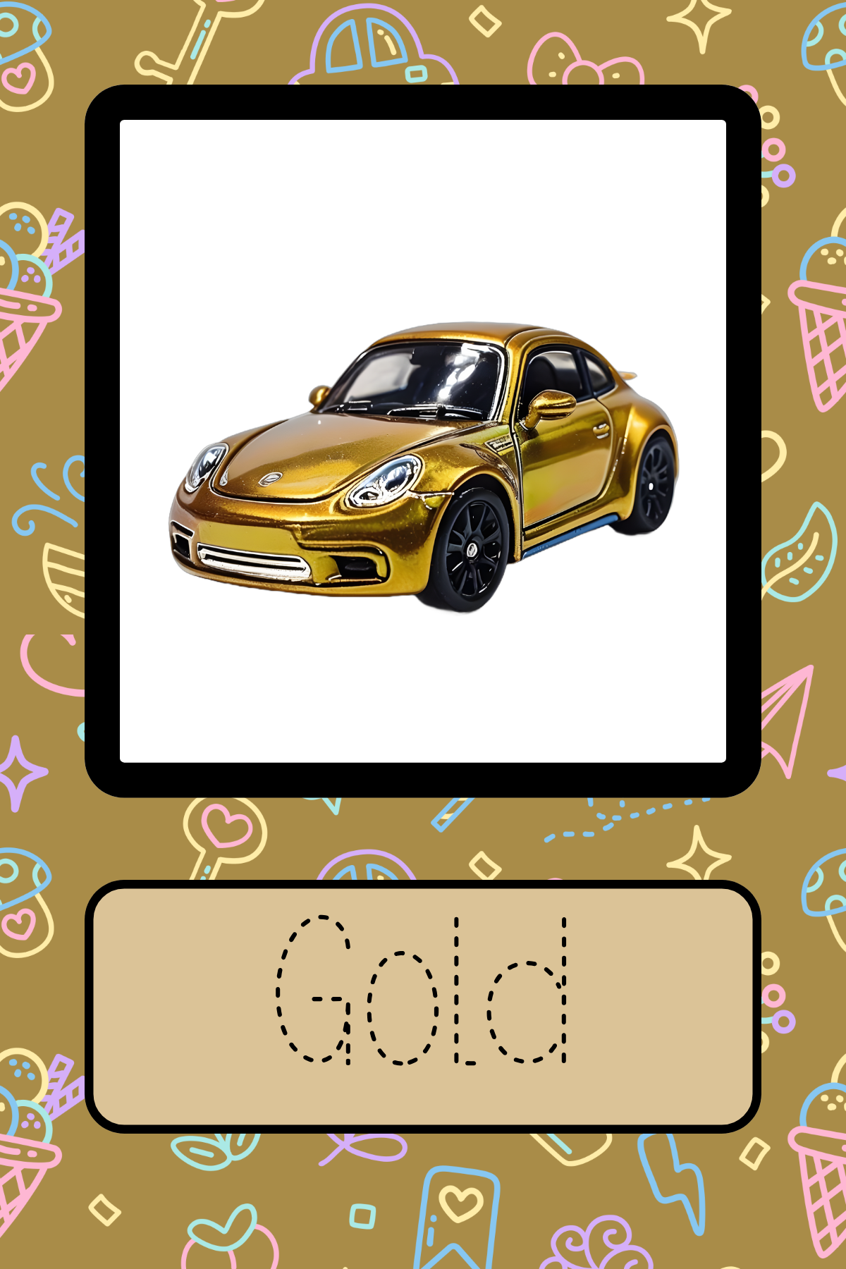 Gold colour recognition flashcard with a gold sports car. Perfect for early learners, toddlers, and preschoolers to develop colour recognition skills through play-based learning.