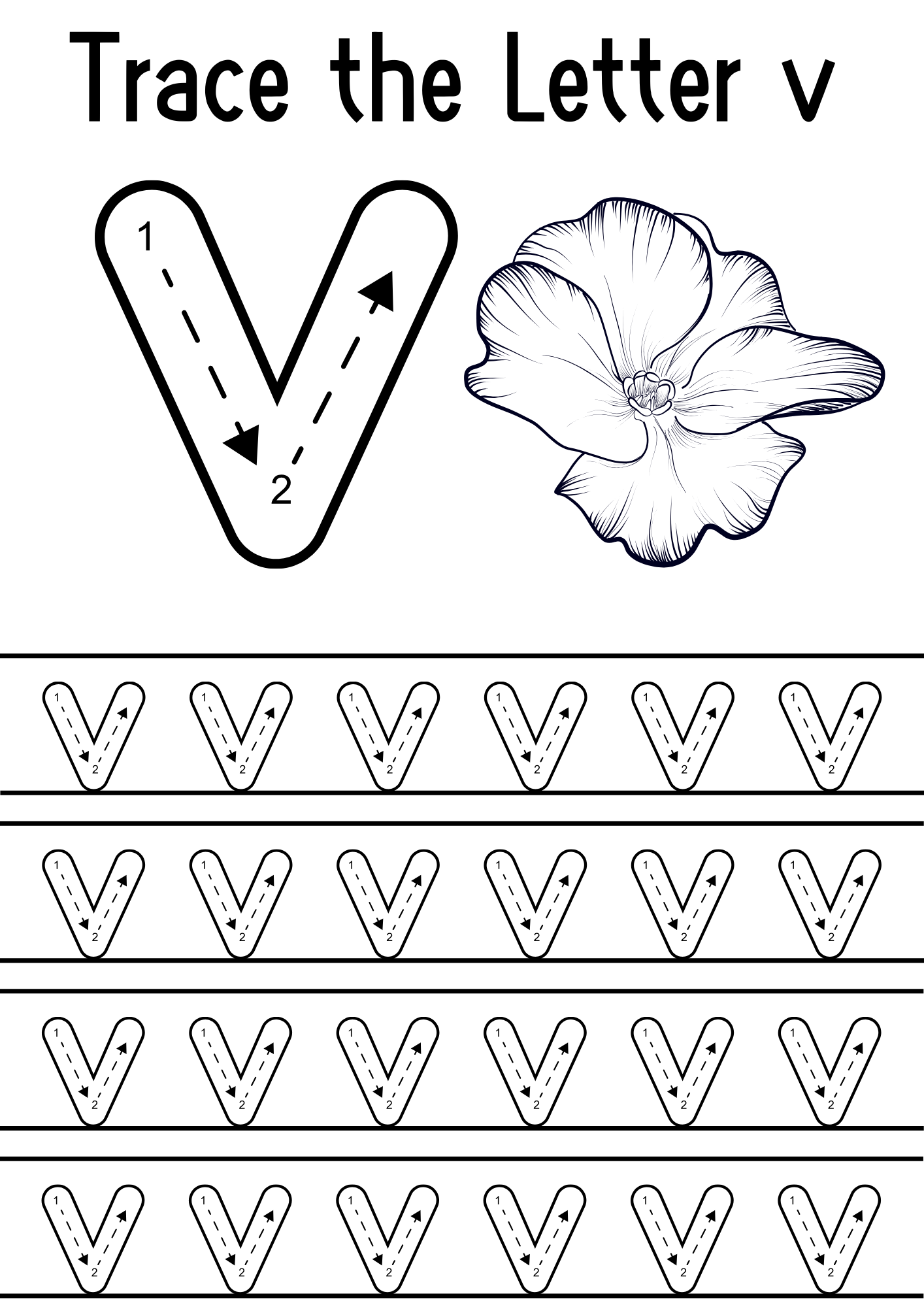 Fun letter V tracing activity book with EYFS alphabet worksheets to support early years handwriting and letter recognition