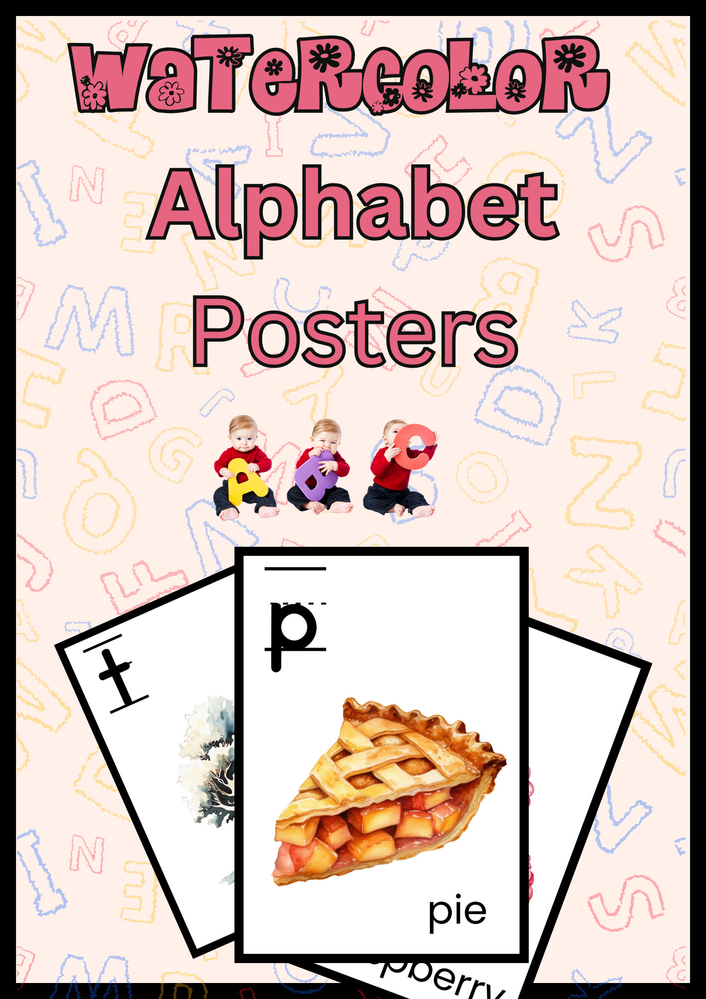 Watercolor alphabet posters for early learning, featuring A-Z lowercase flashcards with phonics words and illustrations. Perfect for preschool, homeschooling, and classroom decor.