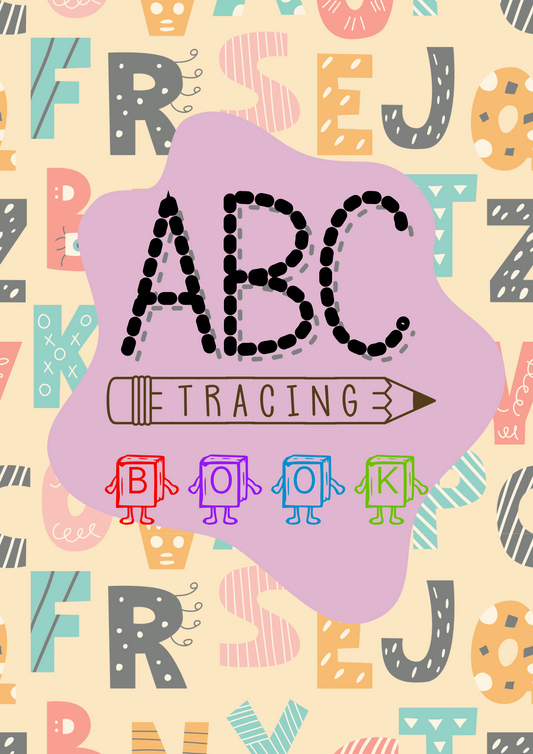 A vibrant and playful cover design for an "ABC Tracing Book," featuring large, bold dashed letters and a pencil illustration. The background includes colourful, stylized alphabet letters, making it engaging for young learners.