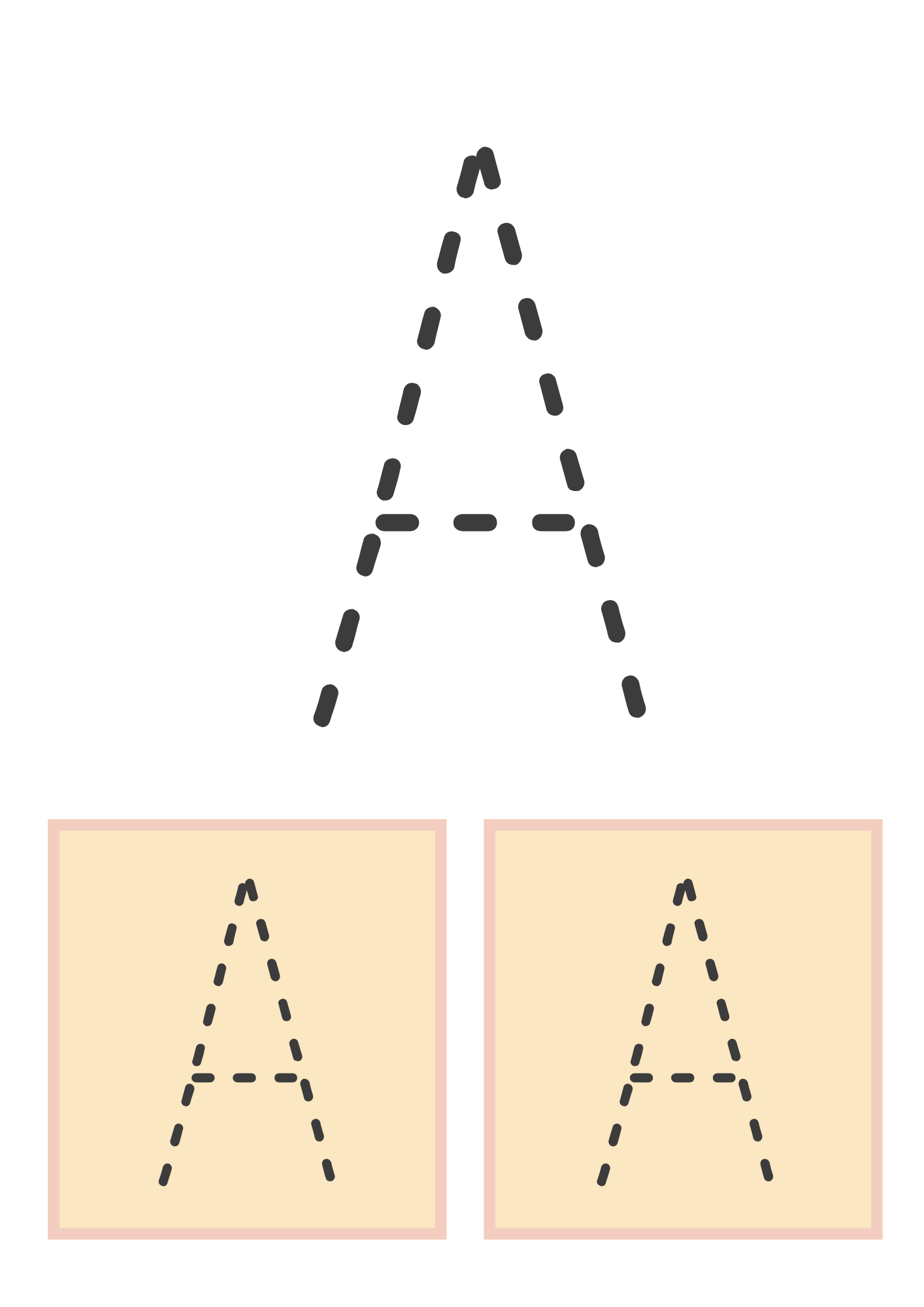 A large uppercase "A" tracing worksheet with bold dashed lines for easy handwriting practice. Below, two beige square tiles contain smaller uppercase "A" tracing guides, perfect for refining letter formation skills.