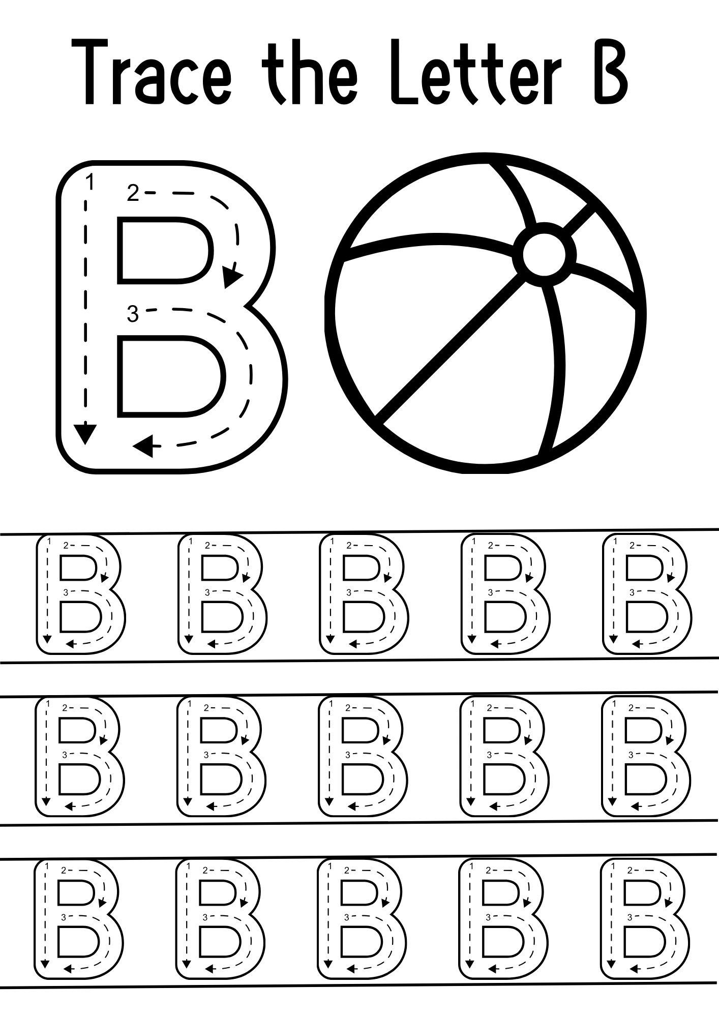 Letter B tracing worksheet for preschoolers featuring a large uppercase B with directional arrows, a beach ball illustration, and multiple practice rows for handwriting skills. Ideal for early childhood education, fine motor skill development, and pre-writing practice.