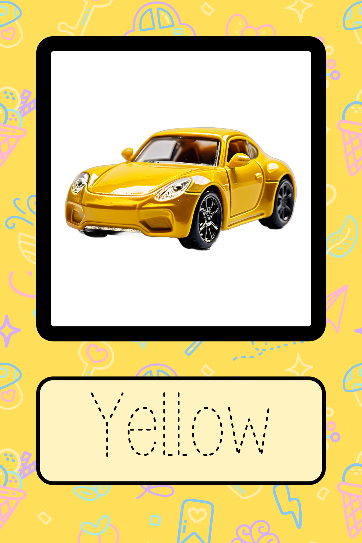 Yellow colour recognition flashcard featuring a bright yellow car. Educational printable flashcard for toddlers and preschoolers to learn colours with fun car illustrations.