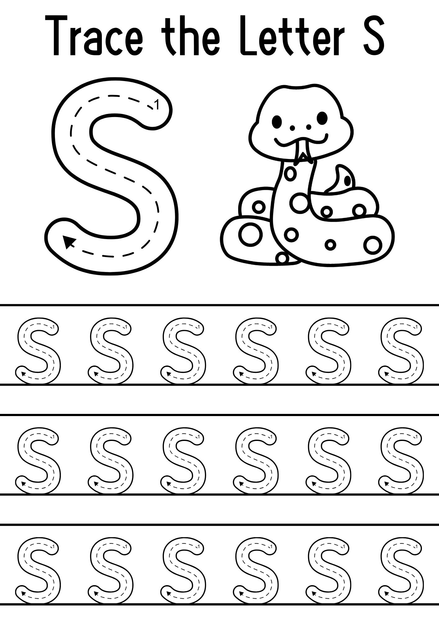 Fun letter S tracing activity book with EYFS alphabet worksheets to support early years handwriting and letter recognition