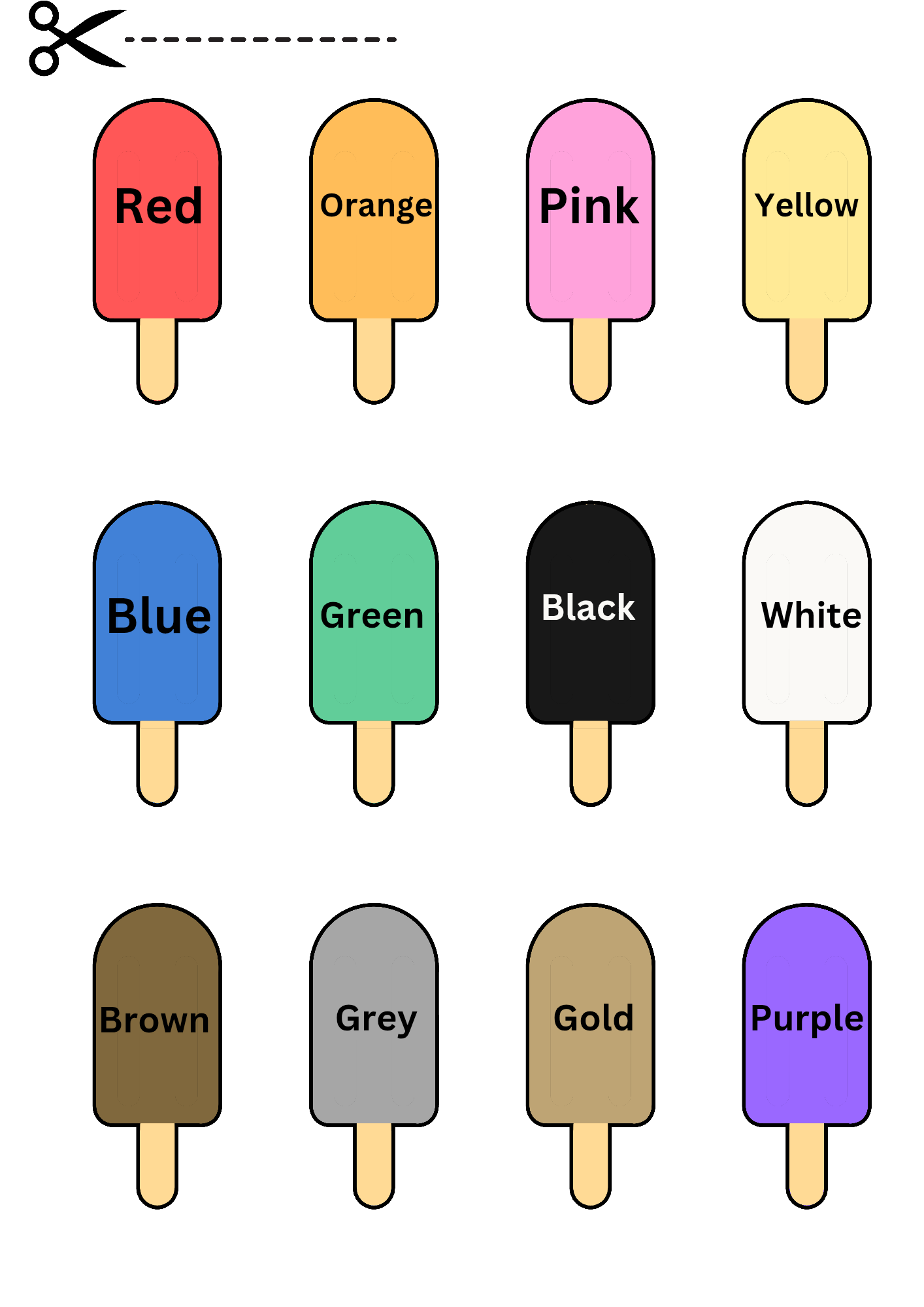 A colour matching activity featuring twelve illustrated ice lollies in different colours, each labelled with its corresponding colour name. The colours include red, orange, pink, yellow, blue, green, black, white, brown, grey, gold, and purple. A scissor icon with a dashed line at the top suggests that the ice lollies can be cut out for an interactive learning activity.