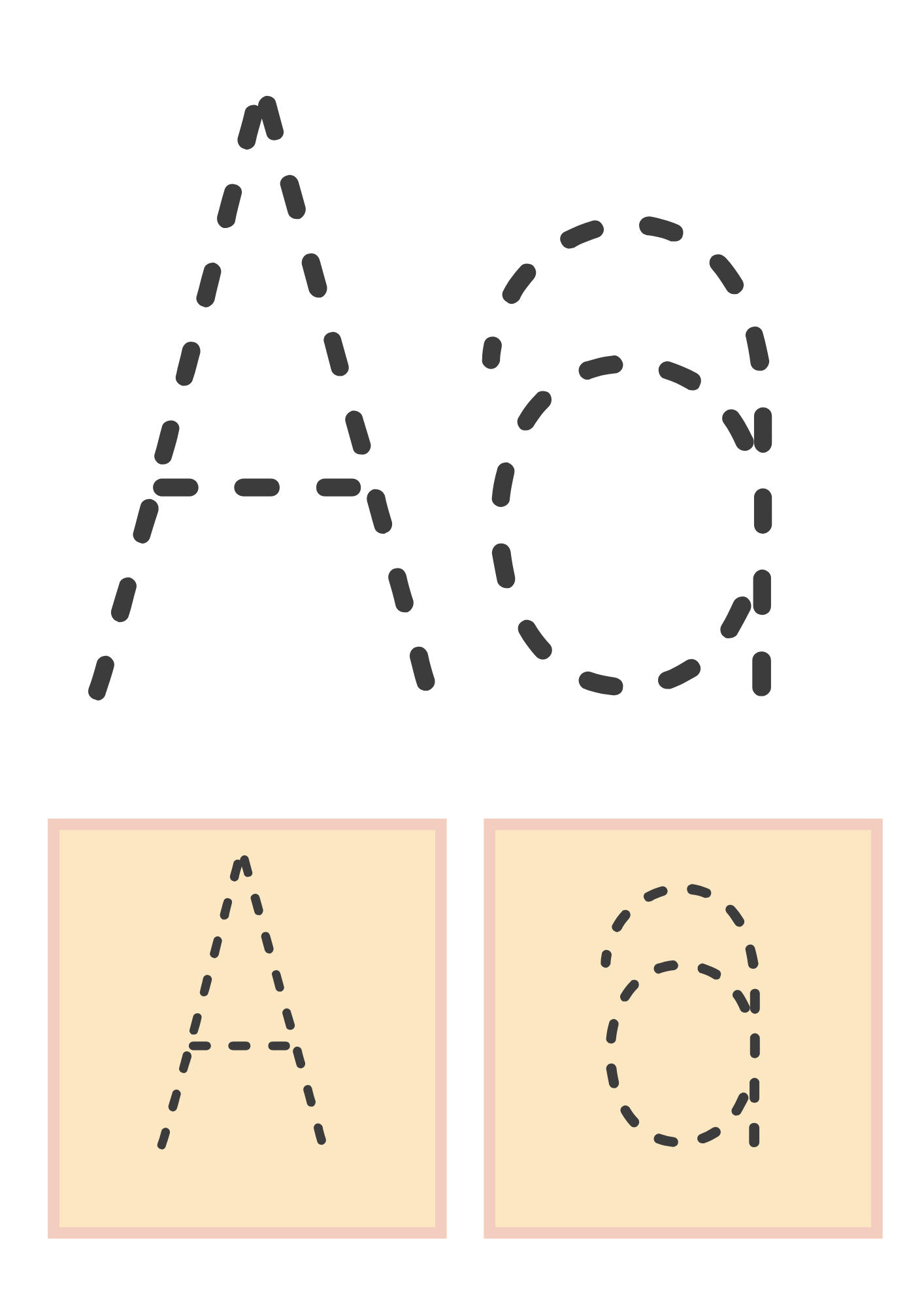 A dashed-line tracing worksheet featuring uppercase "A" and lowercase "a" in a bold, easy-to-follow style. Below, two beige square tiles display separate tracing guides for each letter, helping young learners with letter formation.