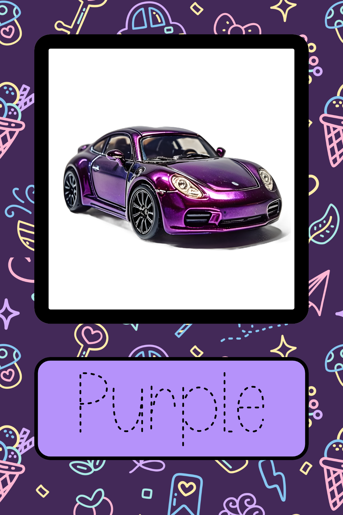 Purple colour recognition flashcard featuring a shiny purple car. Montessori-inspired printable for teaching toddlers and preschoolers colour identification and vocabulary development.