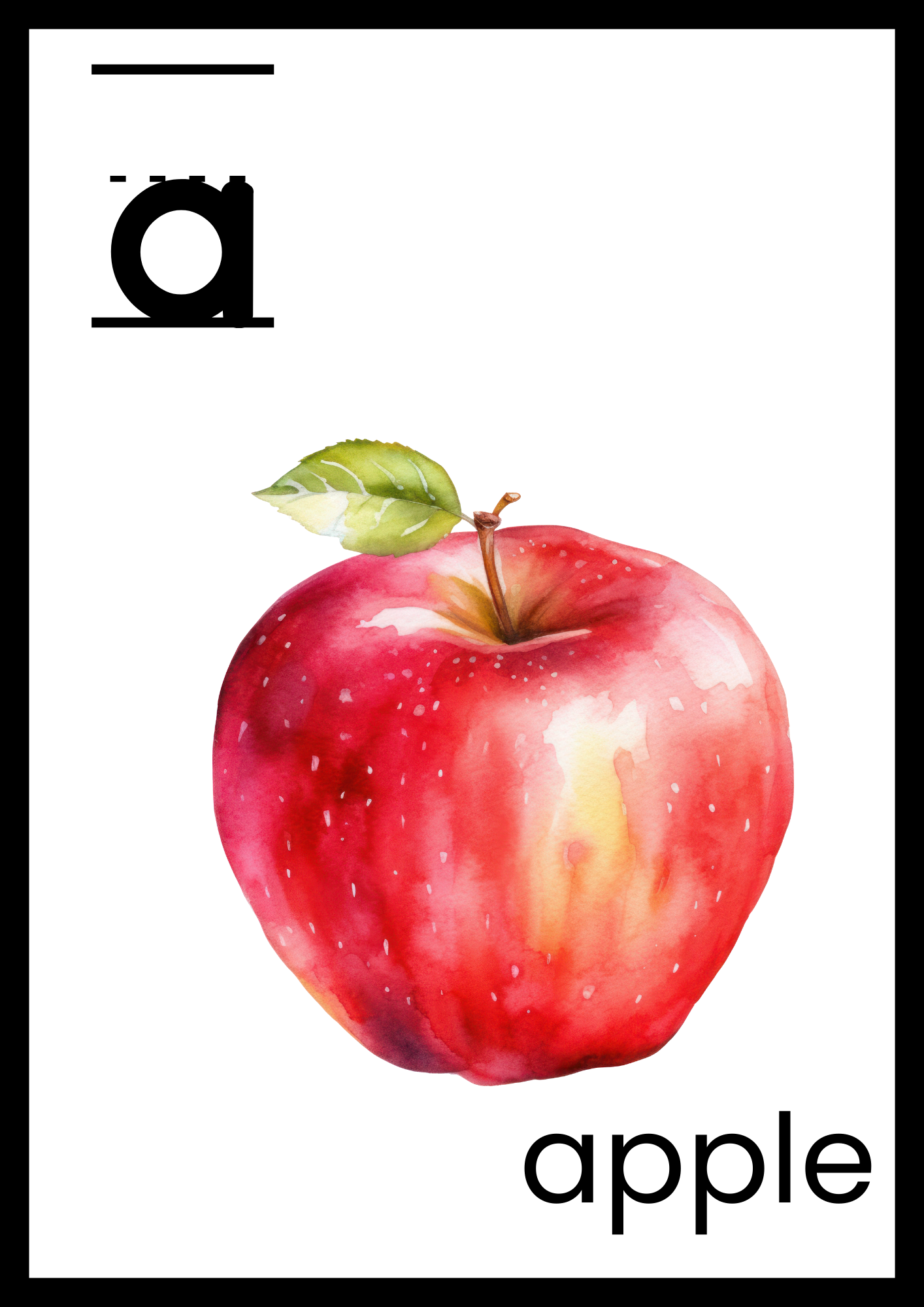 Lowercase letter 'a' watercolor alphabet flashcard featuring a vibrant apple illustration. Perfect for early learning, phonics, and preschool literacy activities.