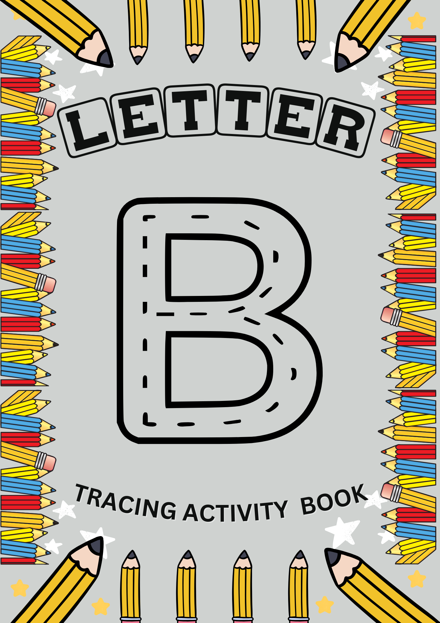 Letter B tracing activity book cover featuring a large uppercase B with guided tracing lines, surrounded by colourful pencils and educational elements. Designed for preschool and early learning activities.