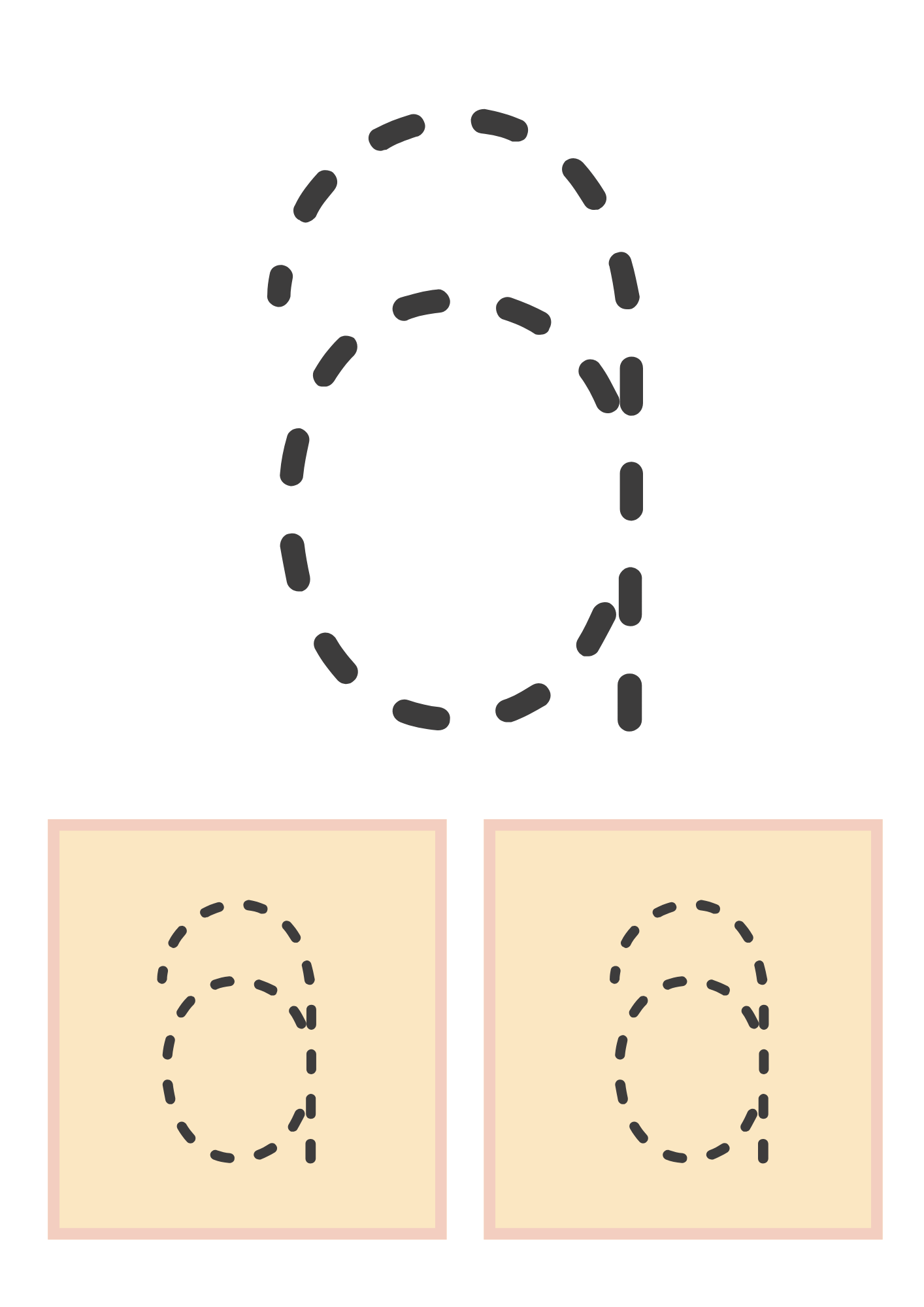 A lowercase "a" tracing worksheet with bold dashed lines to guide proper letter formation. Below, two beige square tiles provide additional tracing practice for lowercase "a," helping children develop fine motor skills.