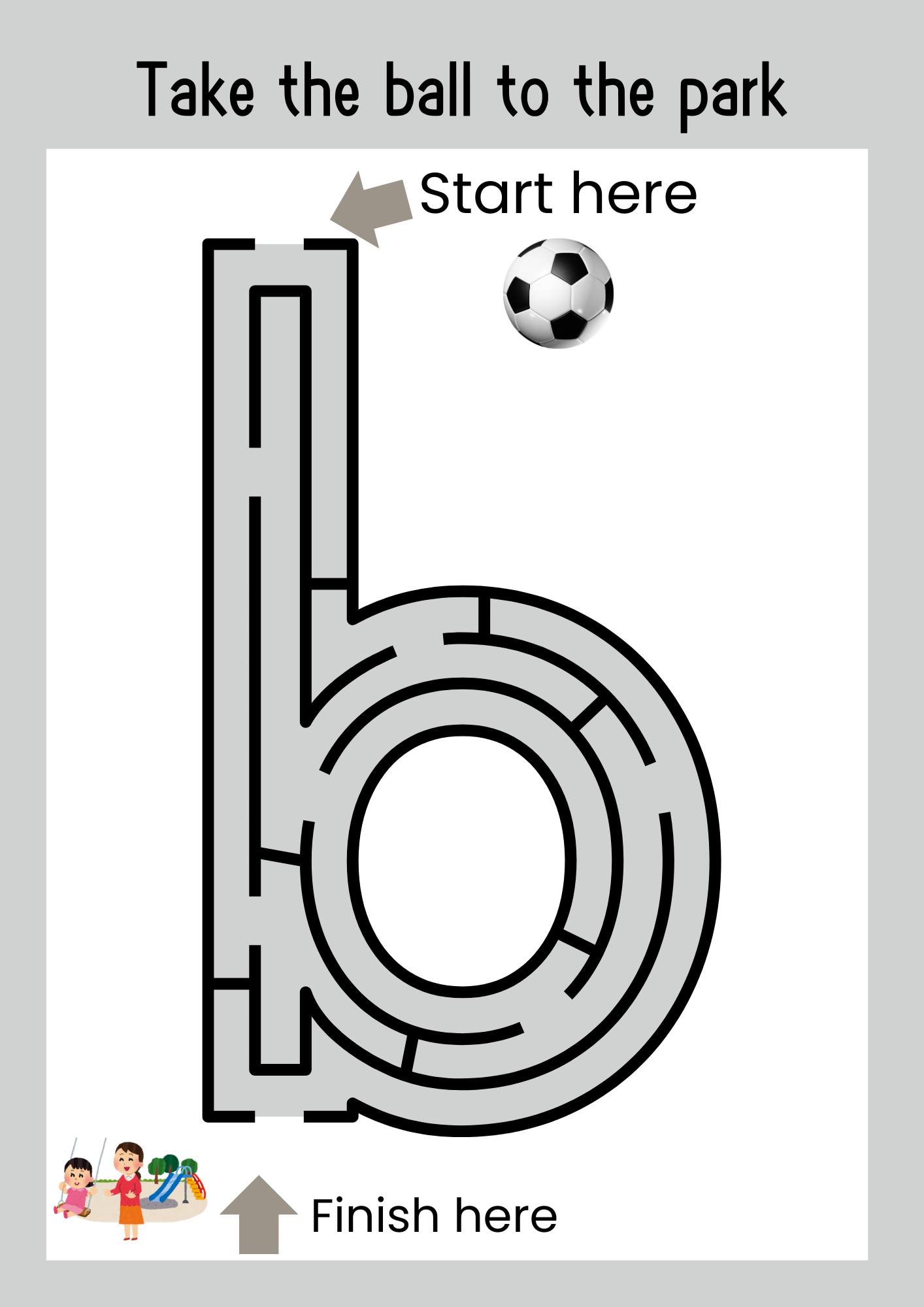 Lowercase b maze activity worksheet for kids, guiding a soccer ball through the letter-shaped maze to reach the park. Fun educational activity for preschoolers to enhance problem-solving and letter recognition.