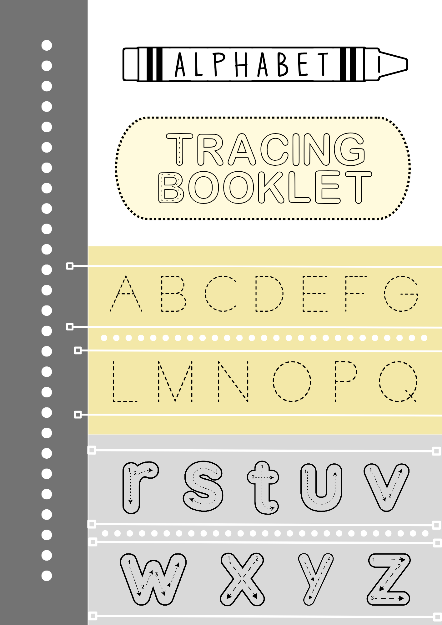 Printable alphabet tracing booklet cover page with uppercase and lowercase letter tracing sections. Perfect for preschoolers, homeschool learning, and fine motor skill development.