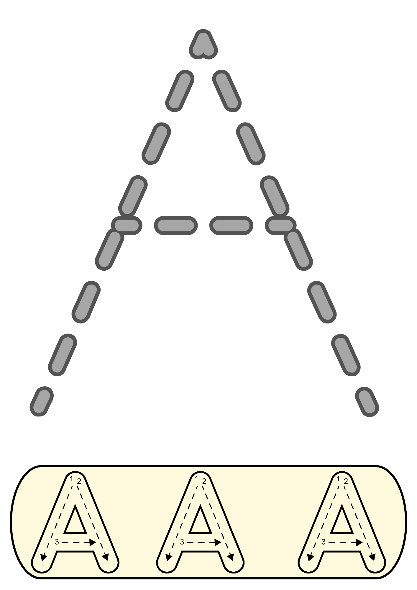 Alphabet tracing activity featuring the letter A with large, easy-to-follow dashed lines. Includes a handwriting guide to help toddlers and preschoolers with letter formation.