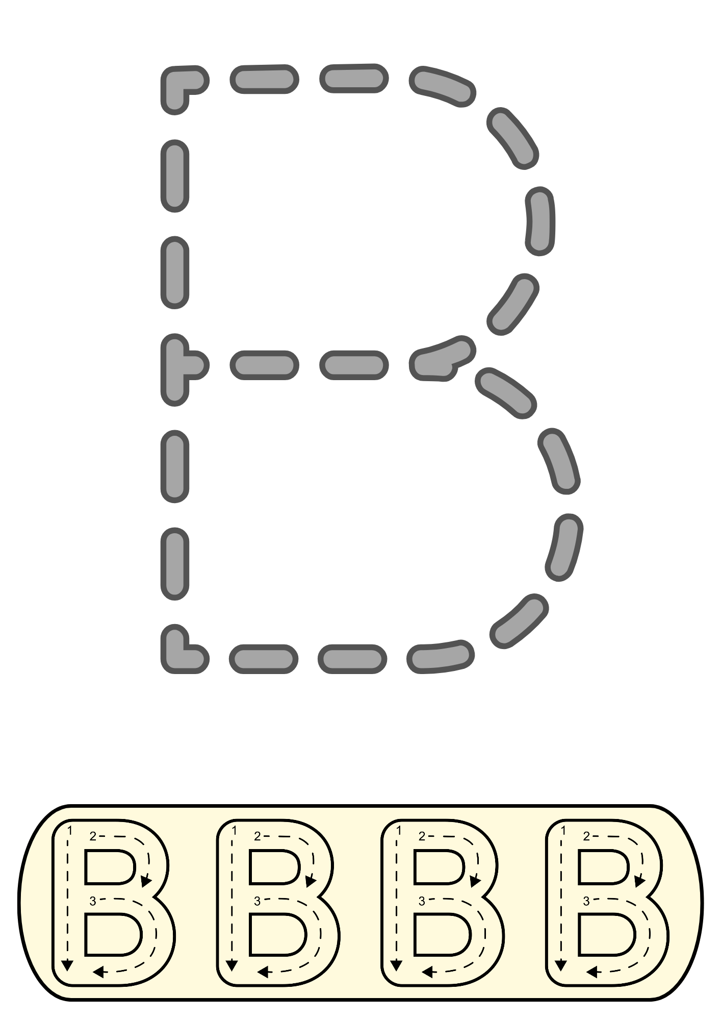 Letter B tracing worksheet with bold dashed lines for guided handwriting practice. Includes step-by-step stroke directions for preschool and toddler learning.