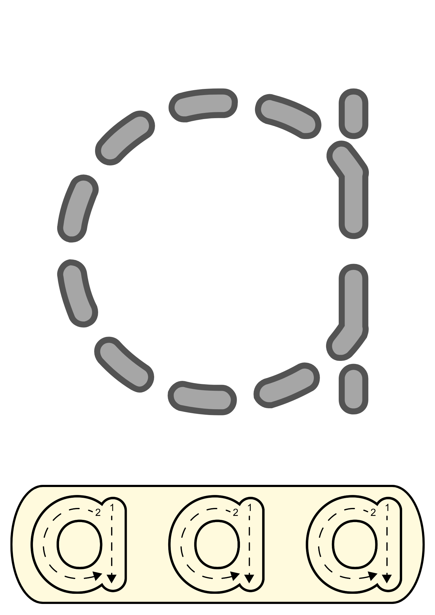 Alphabet tracing worksheet featuring the letter a with large dashed lines for easy tracing. Includes step-by-step stroke direction guides for preschool handwriting practice.